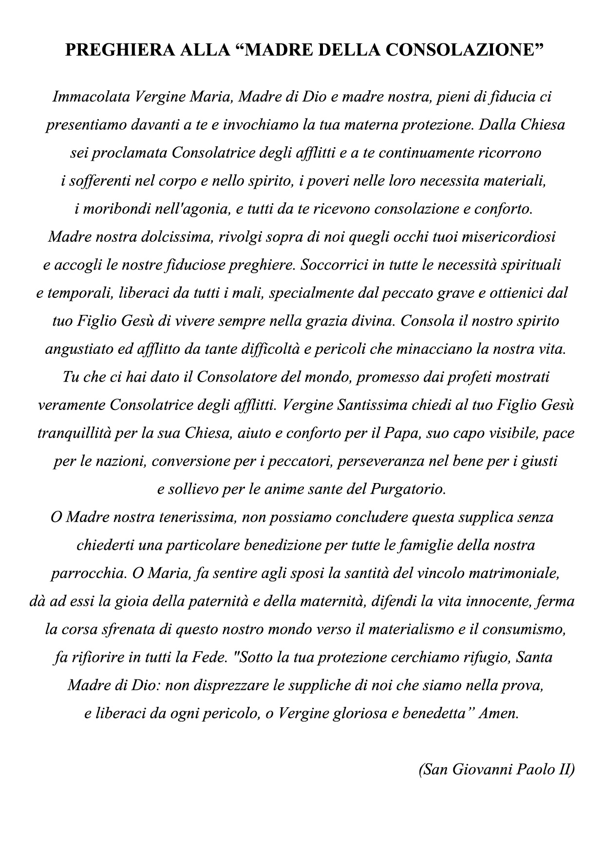 Preghiera alla "Madre della Consolazione"